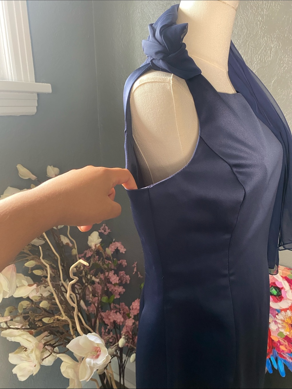 Michaelangelo Navy One Shoulder Formal Gown Cape Sleeve Prom Evening Dress - Picture 7 of 10